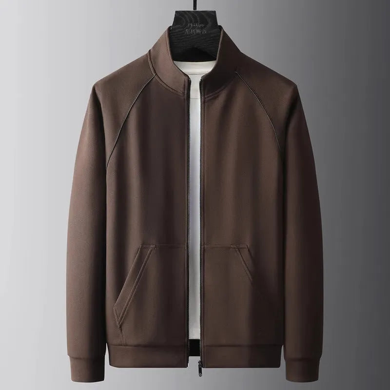 Men's slim fit stand collar casual sports suit in Vinylon fabric, showing coat and trousers.