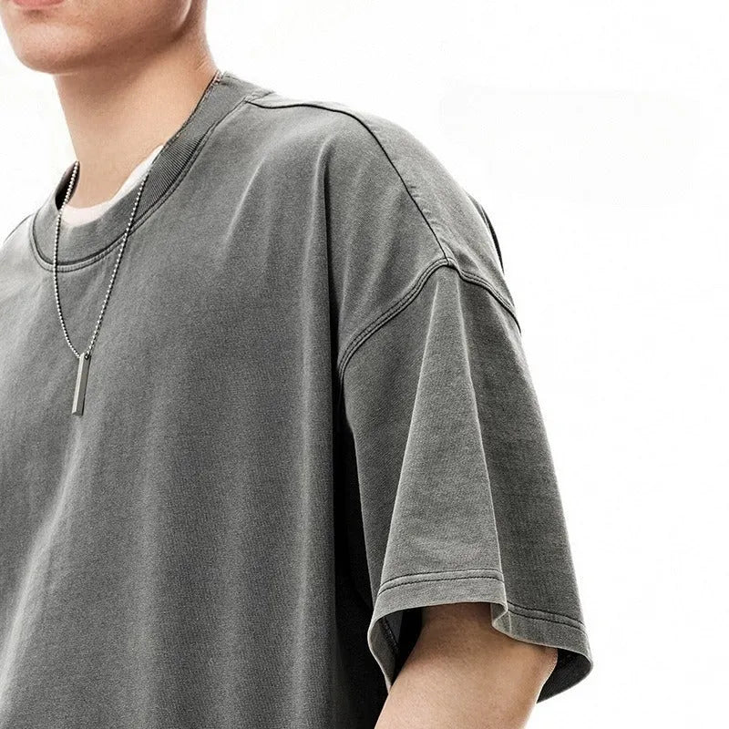 Men's vintage washed cotton T-shirt in loose fit with drop-shoulder sleeves in khaki light colour