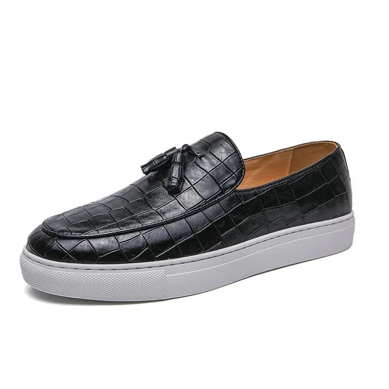 Men's black tassel slip-on casual sneakers with round toe and rubber sole