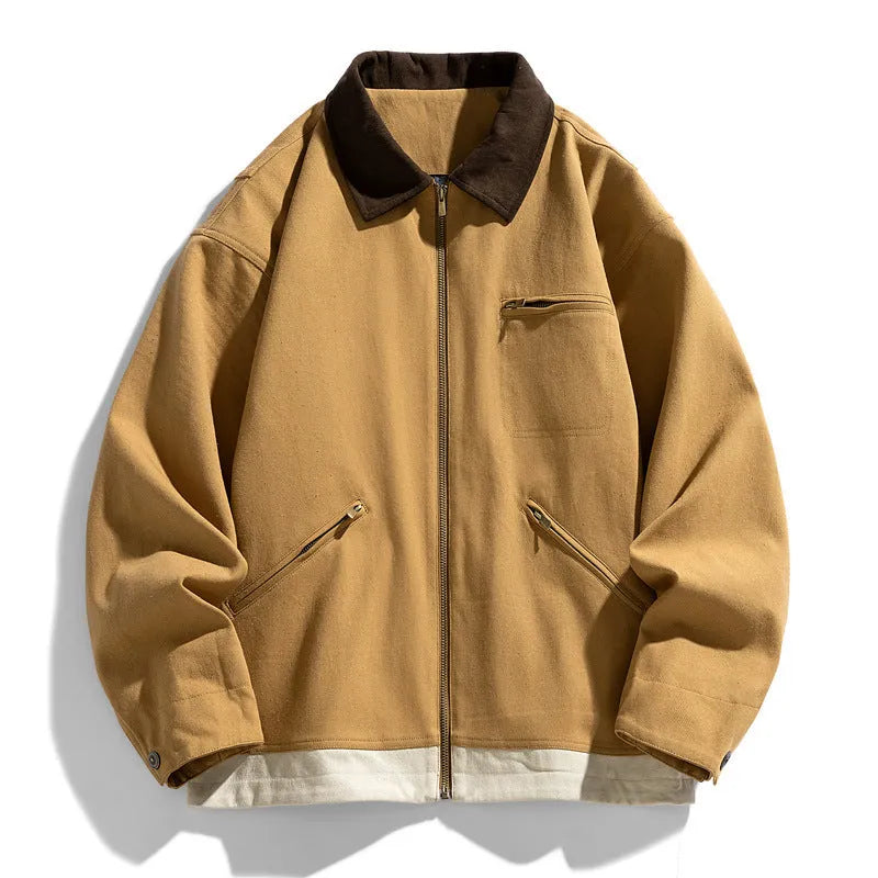 Men's Korean style retro workwear jacket with contrast lapels and side pockets