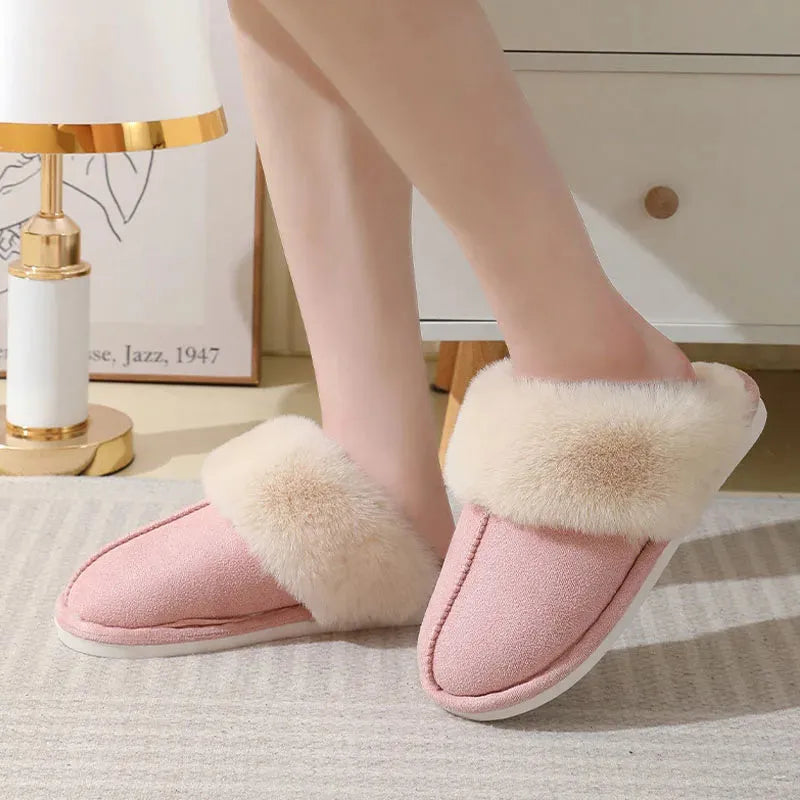 Women's winter plush indoor slippers in brown with anti-slip PVC sole and artificial wool insole