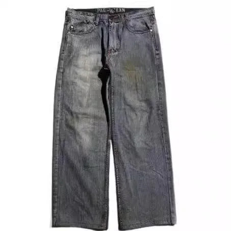 Men's grey retro washed-out jeans with wide-leg workwear design and straight-leg styling