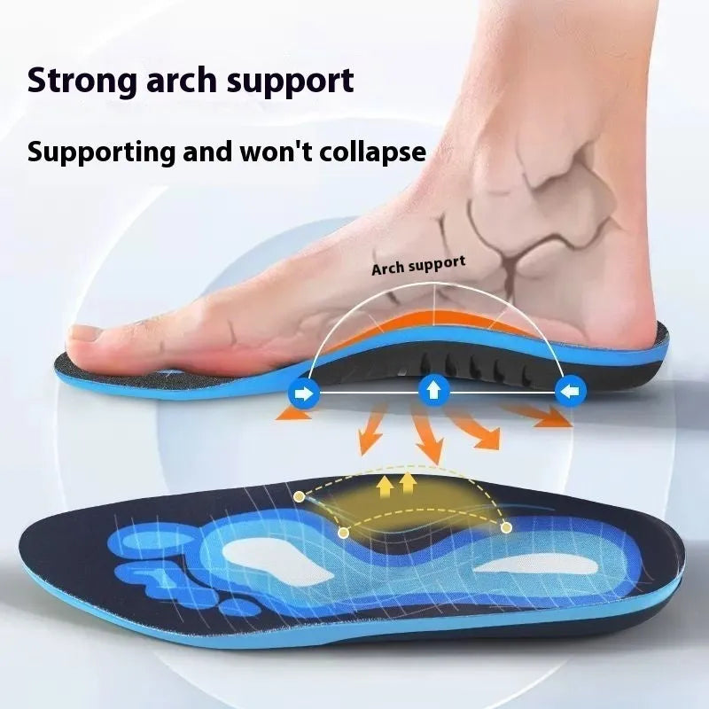 Blue and green flat foot correction insoles made from PU material showing size ranges 35-46.