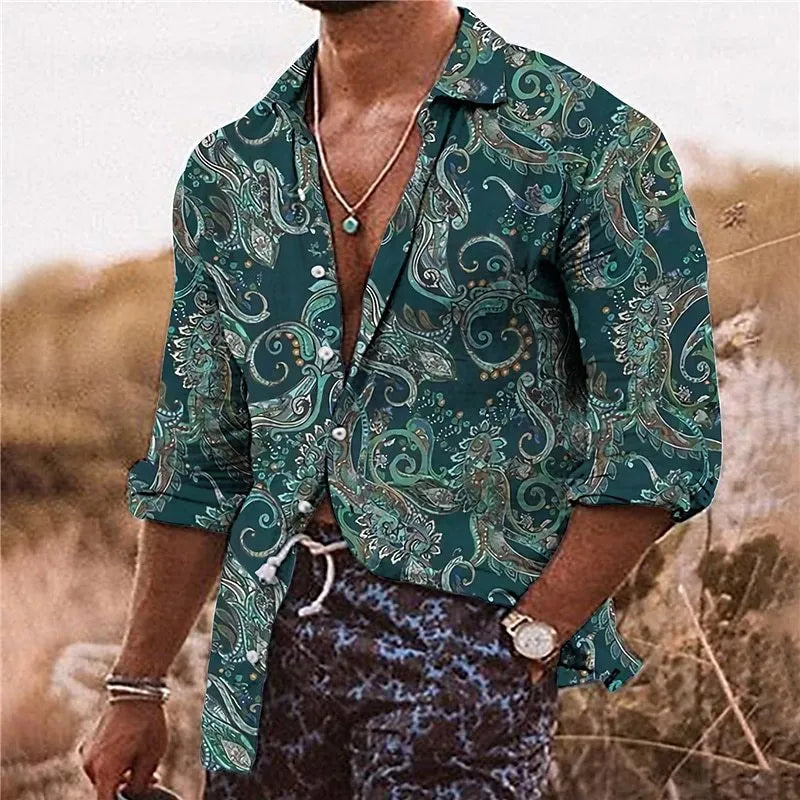 Man wearing a loose fit long sleeve shirt with a colourful 3D digital printed floral bohemian pattern.