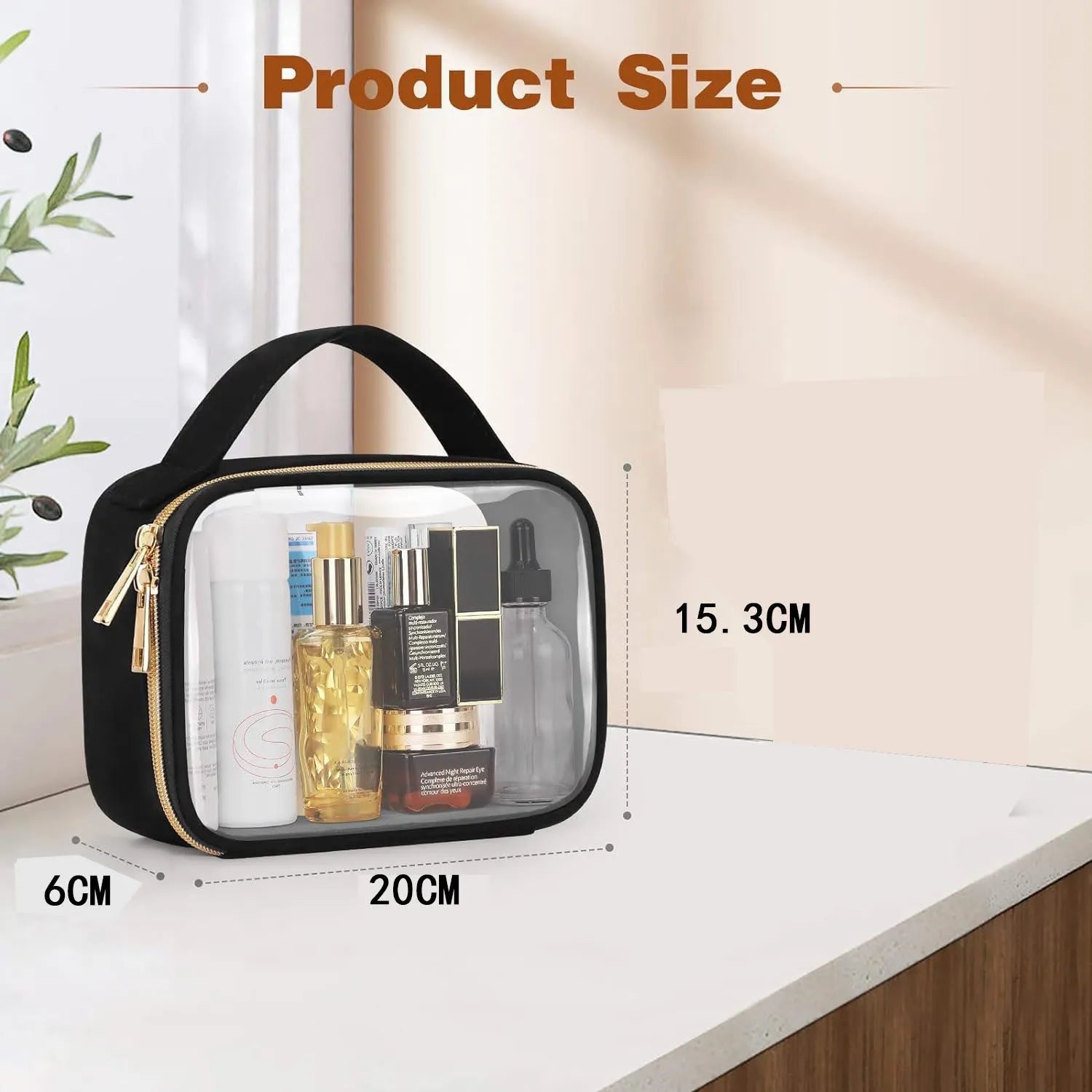 Transparent PVC cosmetic wash bag with detachable chain handle, shown in multiple colour options.