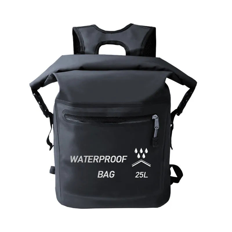 Black 25-litre waterproof backpack for swimming, river tracing and rafting
