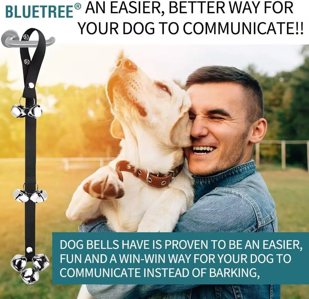 Silver metal dog training bells on an adjustable black nylon strap hanging on a door.