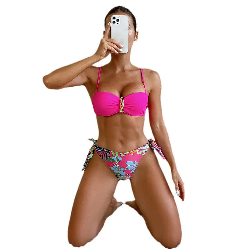 Rose red women's bikini swimsuit with rope braid detail on a mannequin