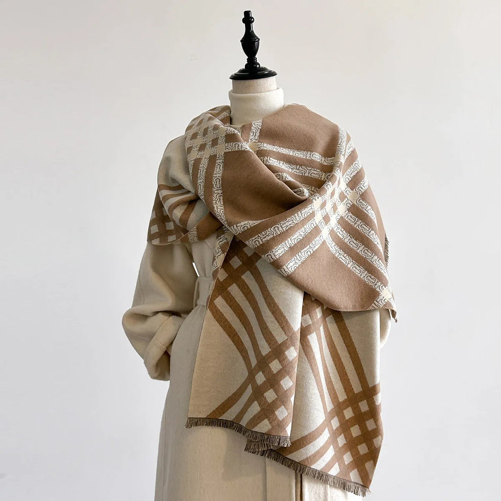Brown cashmere-like scarf with tassel ends measuring 185cm long by 65cm wide