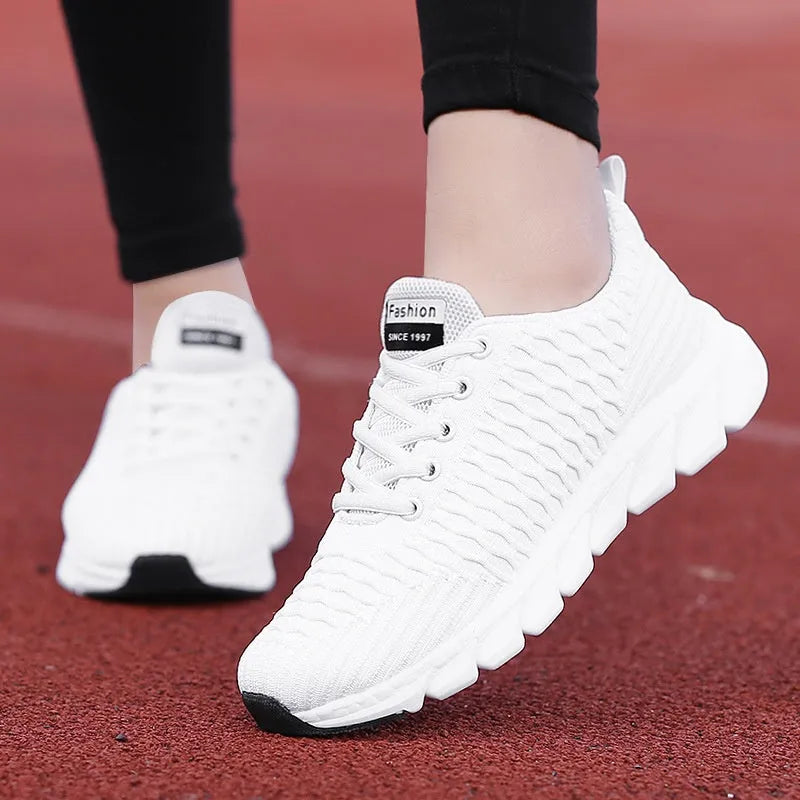 Women's running shoes with fly weaving upper in black, pink, or white colours