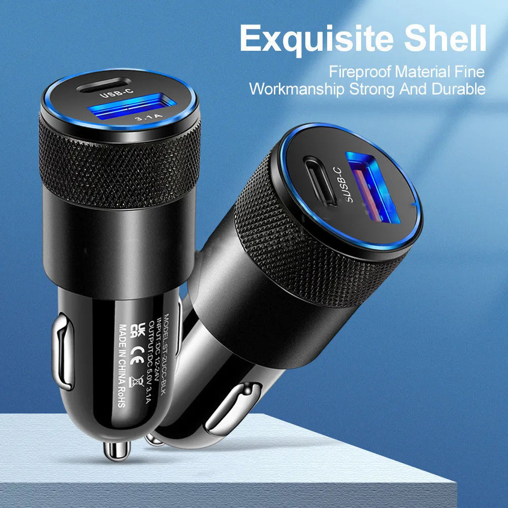 Compact black aluminium alloy mobile phone car charger for vehicle 12V socket.