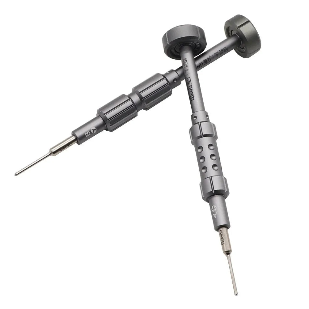 Precision screwdriver with grenade-shaped aluminium handle and multiple bits for iPhone repair