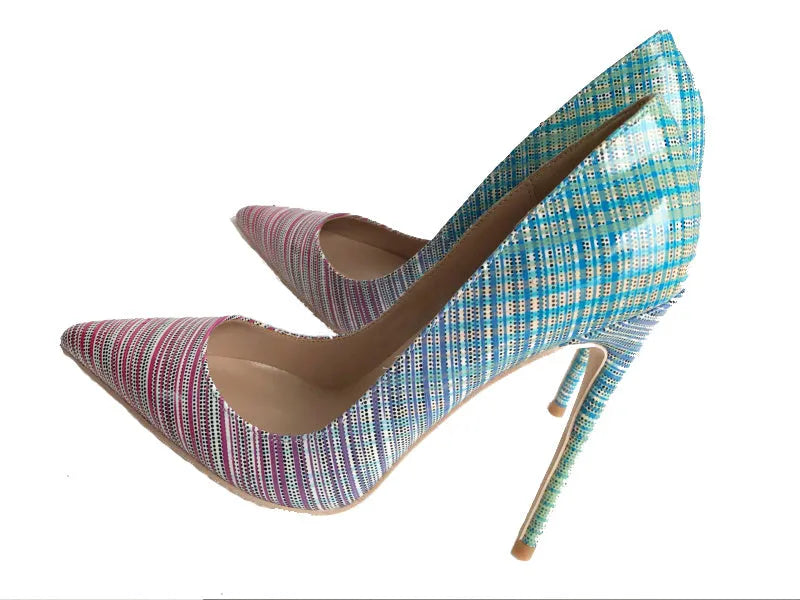 Ladies pink blue gradient patent leather pointed toe high heels on a white background