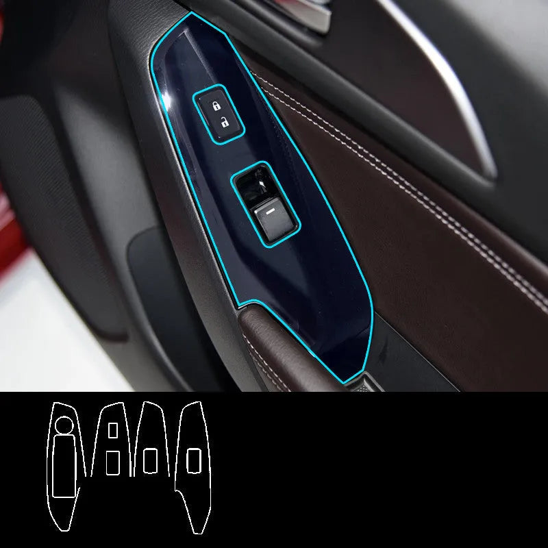 Set of four TPU protective films for car door control panel, shown in transparent, matte black, and carbon fibre black finishes.