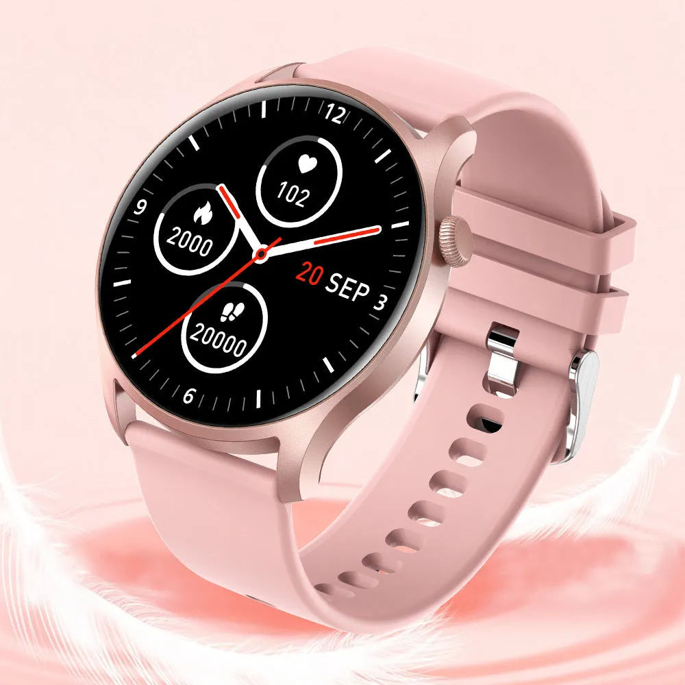 A pink smart watch with a silicone band displaying a heart rate reading on its screen.