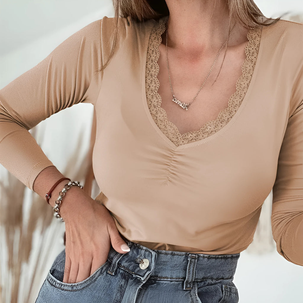Long sleeve casual top with lace trim in slim fit Japanese Korean style