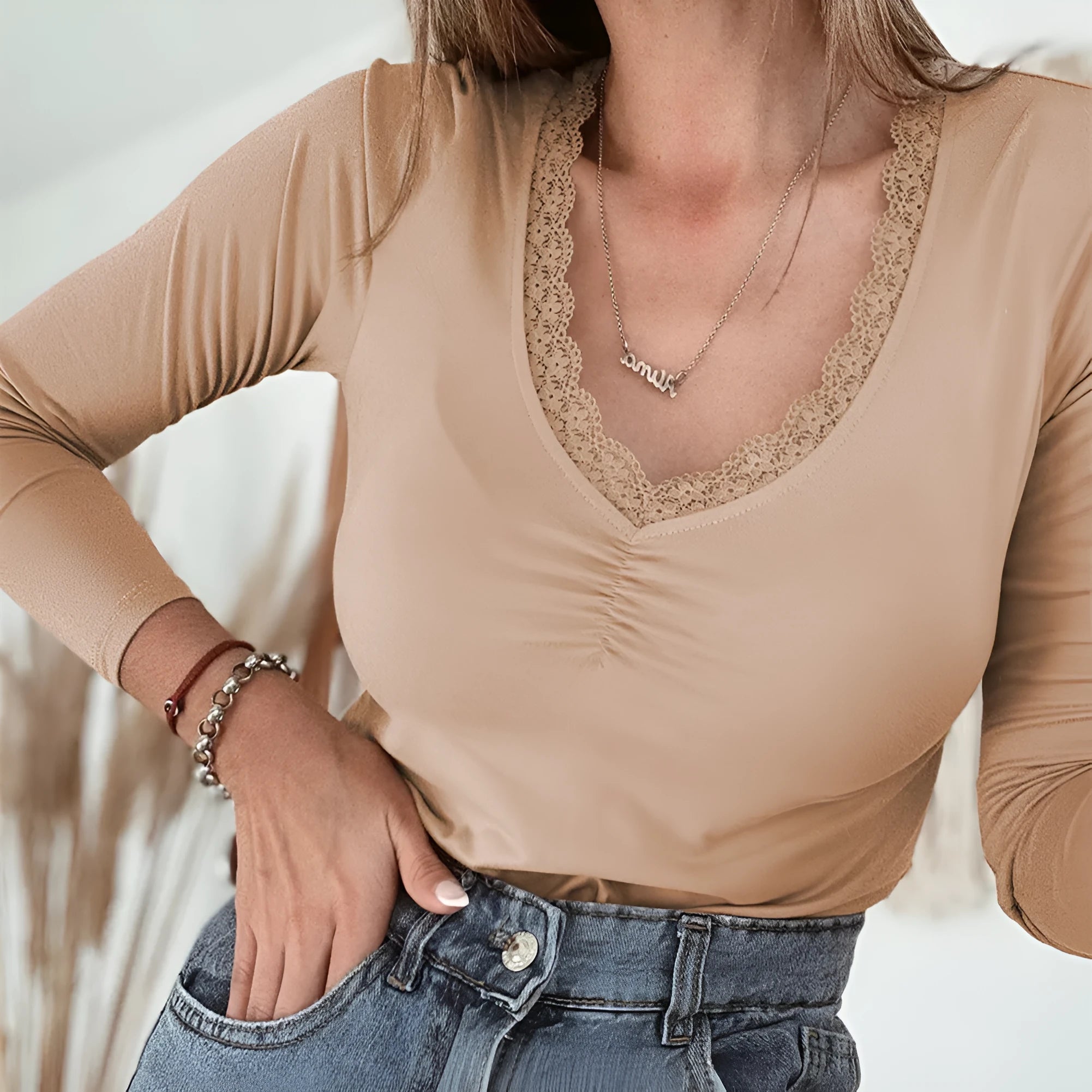 Long sleeve casual top with lace trim in slim fit Japanese Korean style