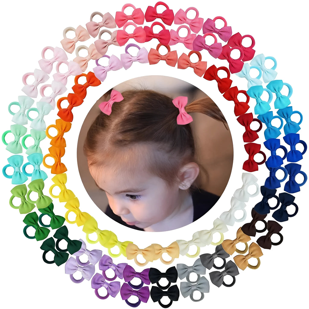 80 piece baby hair ties set with multi-coloured grosgrain ribbon bows and matching elastic bands
