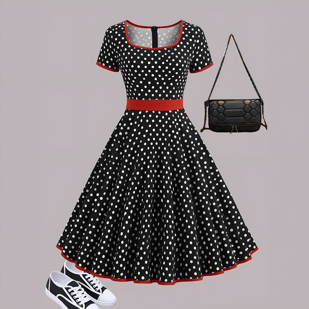 Polka dot square collar pleated dress with short sleeves in multicolour polyester fabric