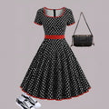 Polka dot square collar pleated dress with short sleeves in multicolour polyester fabric