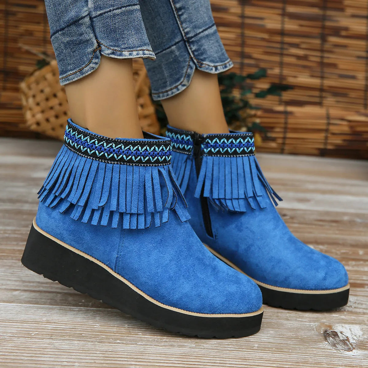 Dark brown suede women's wedge ankle boots with side zip and tassel on a waterproof platform sole.
