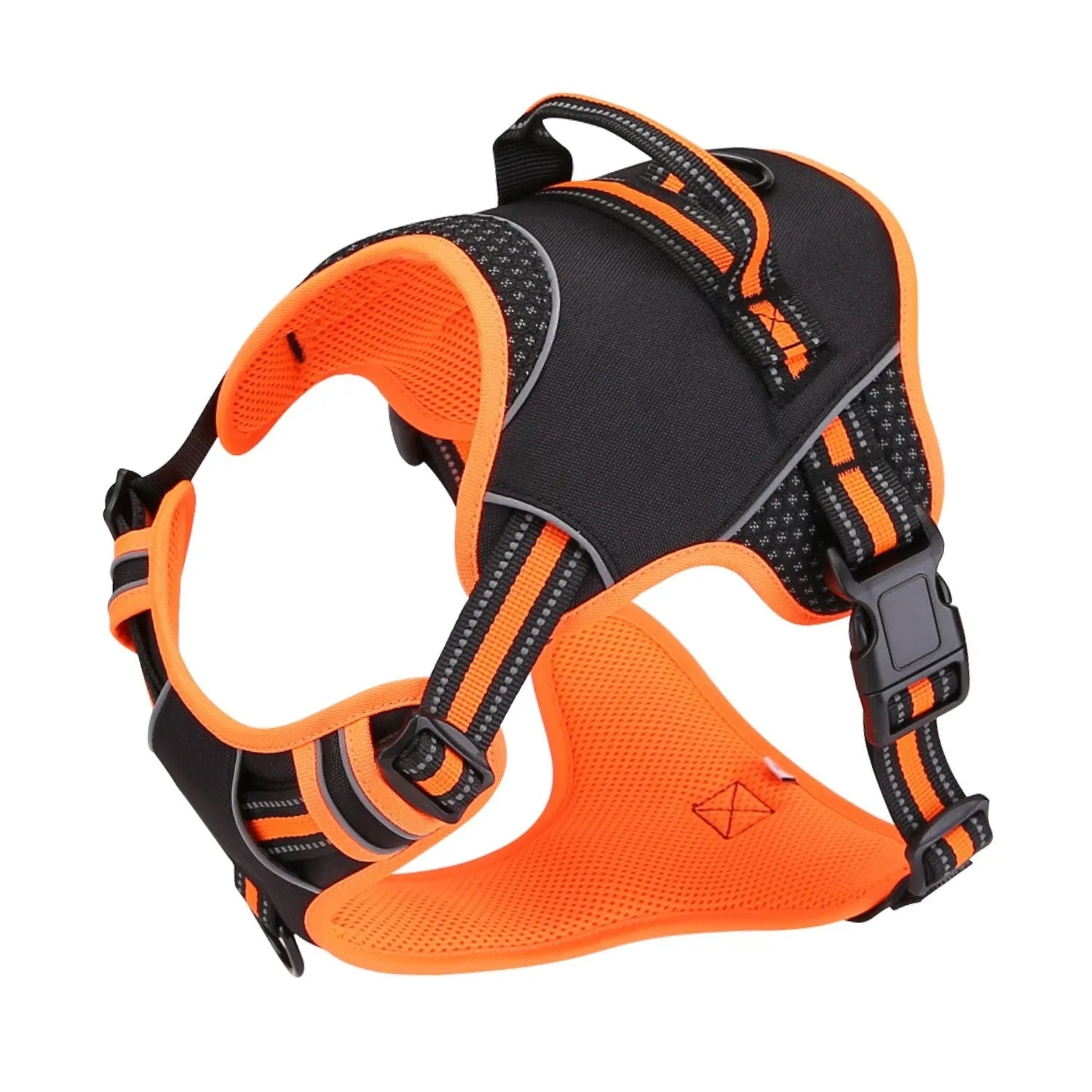 Orange polyester dog harness with traction strap adjusted on a dog for outdoor walking.