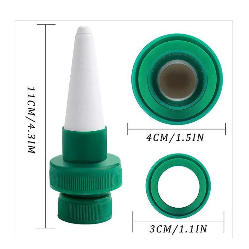 Green ceramic automatic water dripper for plant irrigation using cola bottles