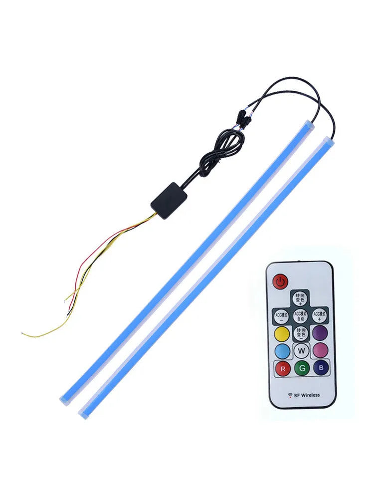 Universal LED headlight streamer with remote control showing RGB colourful lighting in 30cm, 45cm, and 60cm length options