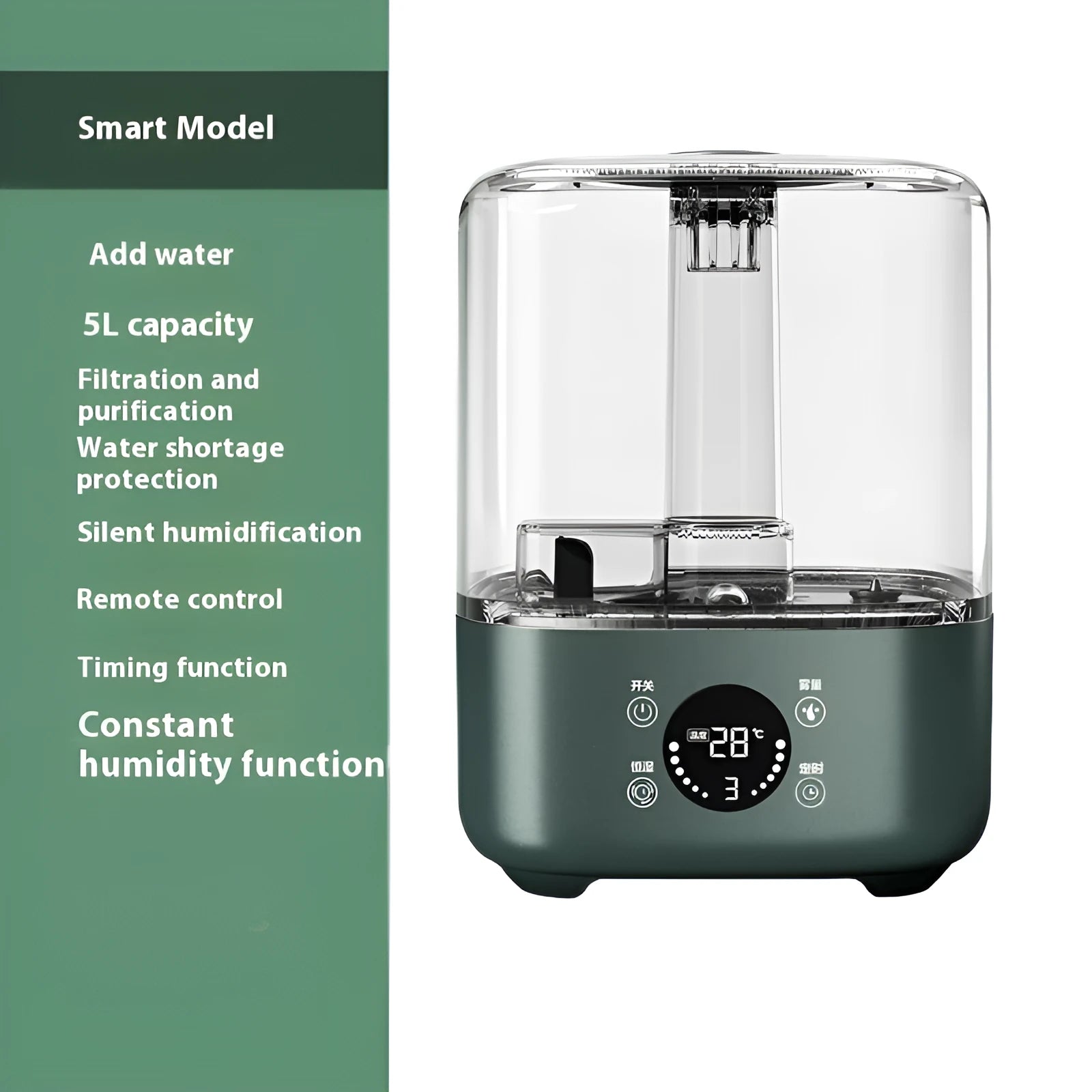Green KC-112 touch screen humidifier with remote control on table