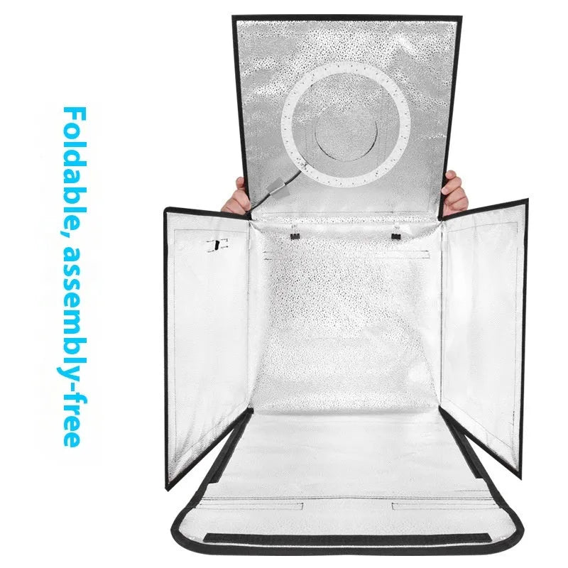 50cm foldable light box with metal frame and USB-powered LED lighting for product photography