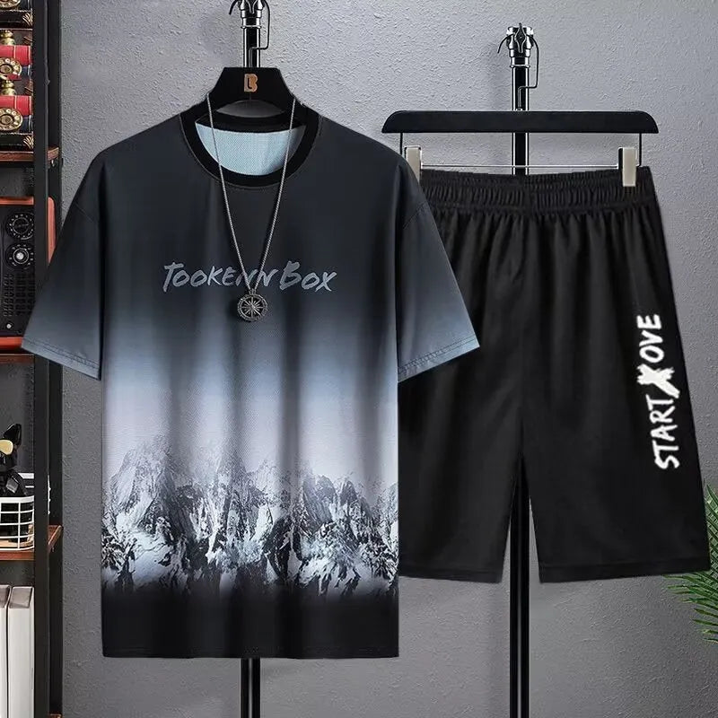Men's summer ice silk two-piece suit set with short sleeve top and matching shorts in polyester fabric