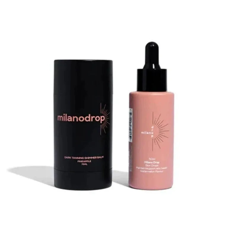 Matte sun tanning black liquid set showing 50ml tanning drops bottle and 75ml flash cream tube