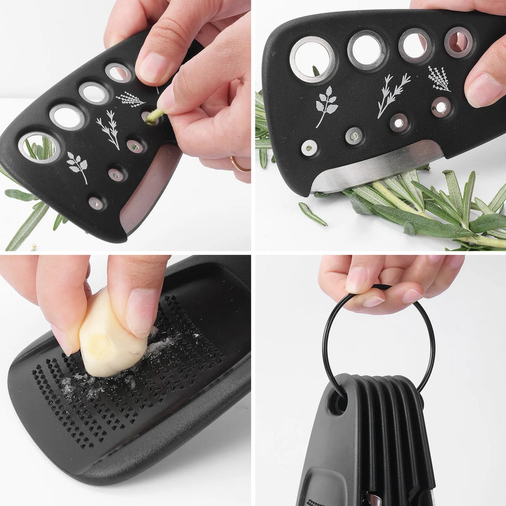 Six stackable kitchen tools and a cleaning brush in a modern colour box.