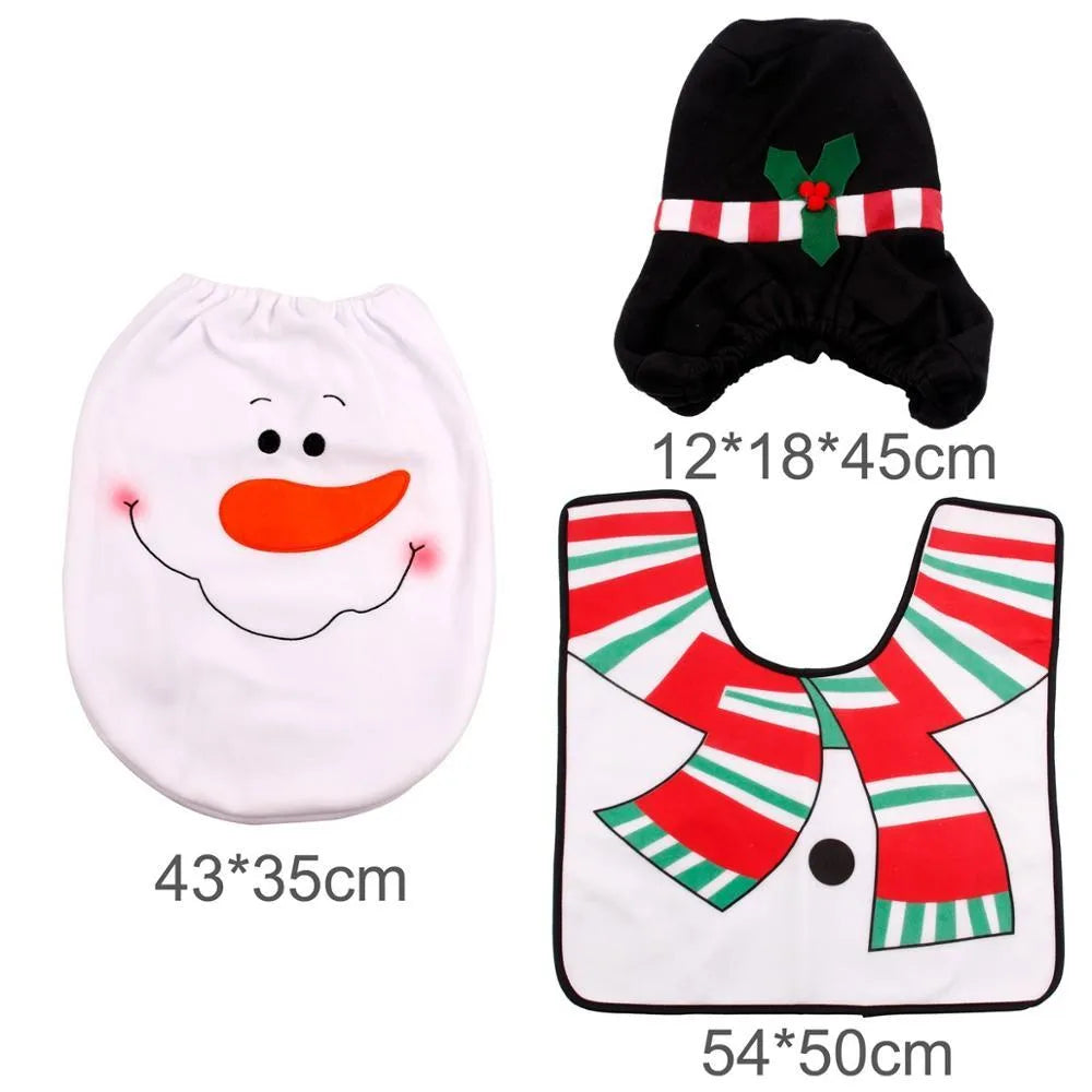 Christmas bathroom decoration set with Santa Claus toilet seat cover, floor mat and shower curtain in red flannel fabric