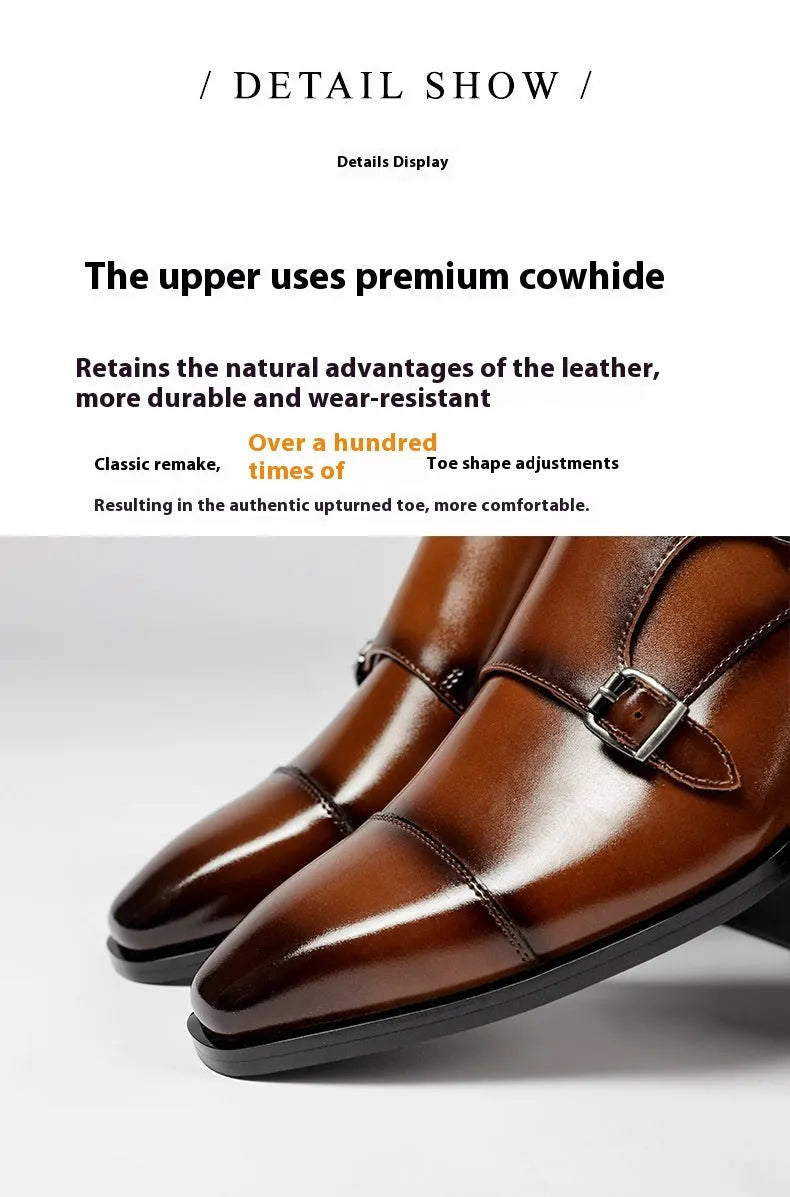 Men's black leather square toe casual shoes with metal accents on a rubber sole.