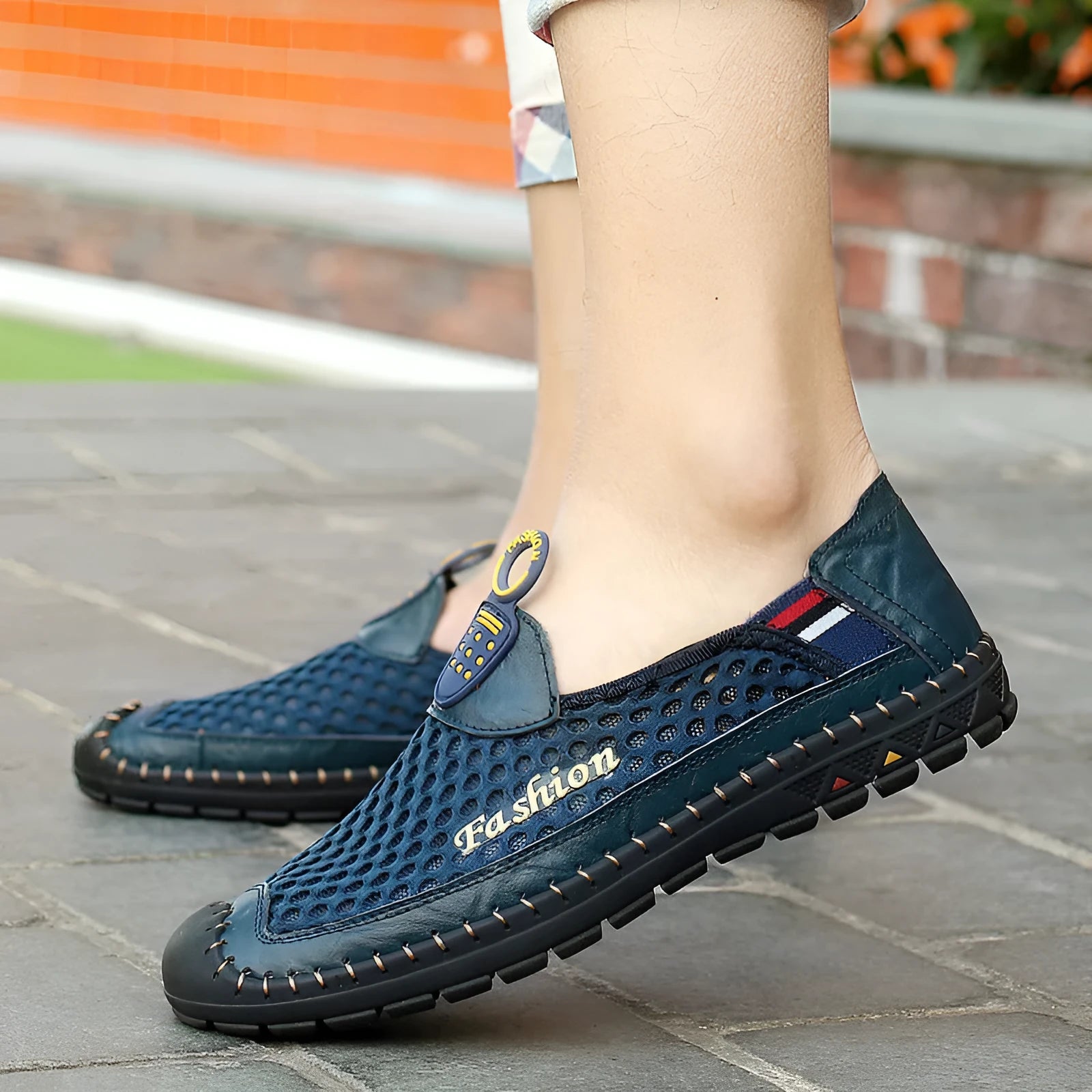 Men's brown breathable mesh casual shoes with rubber sole and stitching details