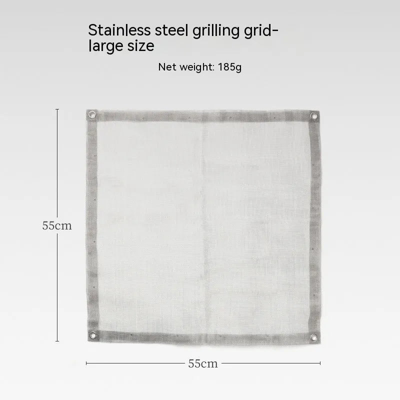 Silver stainless steel barbecue grill and net set shown in medium and large size options for outdoor cooking.