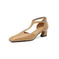 French retro square toe chunky heel shoes in sheepskin leather with buckle fastening