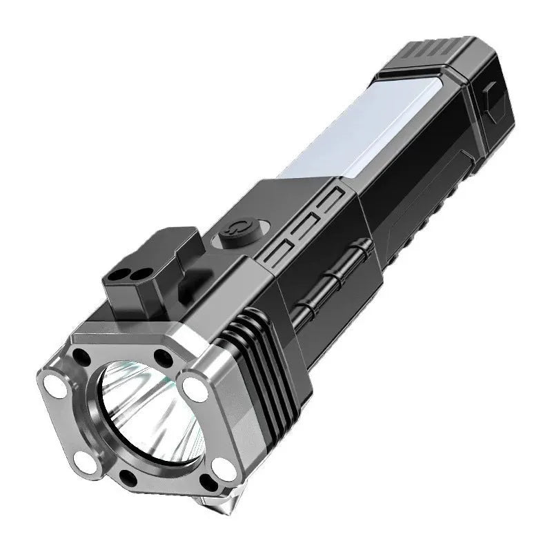 Silver portable flashlight with USB charging port, functioning as a power bank and LED work light.