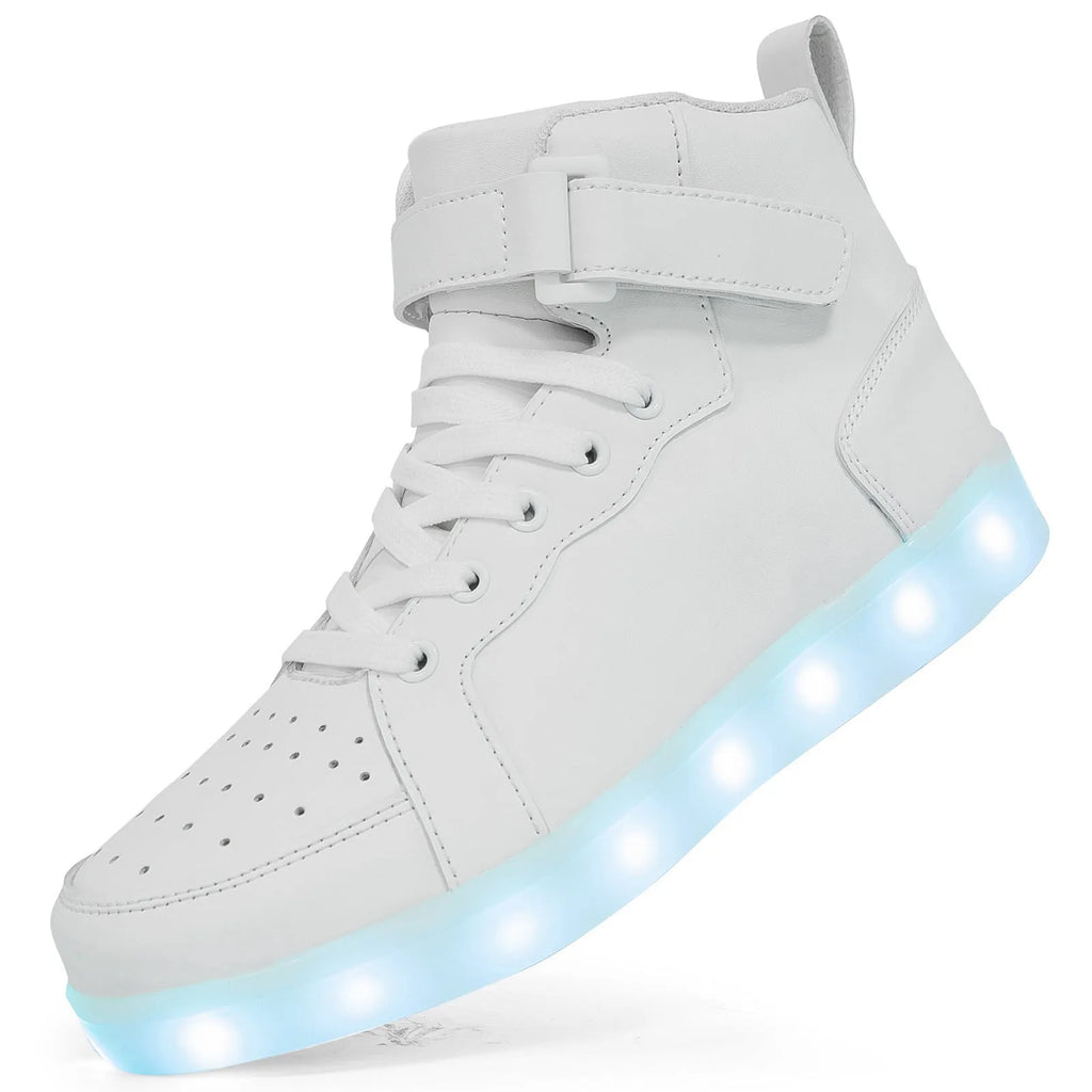 A pair of black high-top LED light-up board shoes with a Velcro strap, showing the illuminated soles.