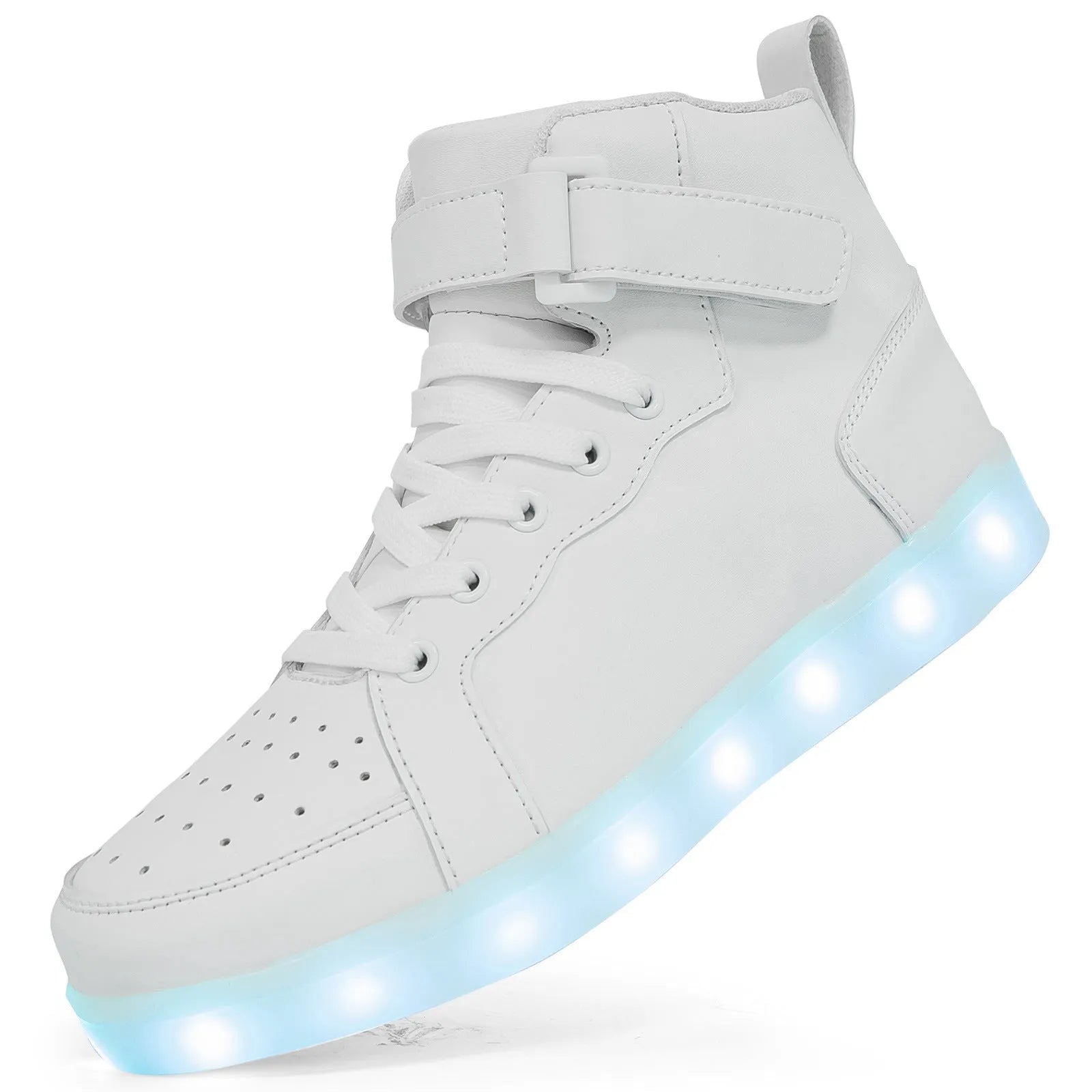 A pair of black high-top LED light-up board shoes with a Velcro strap, showing the illuminated soles.