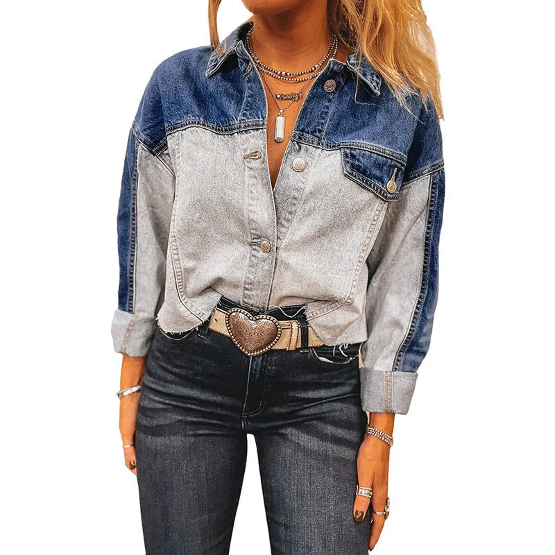 Women's blue denim coat with multi-buckle front closure and loose fit design