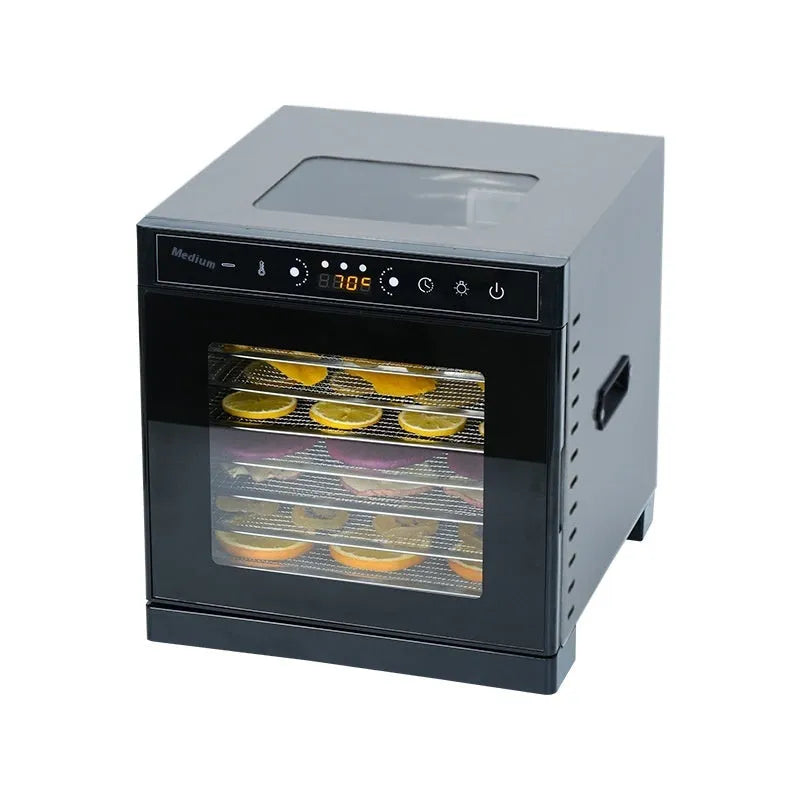 Stainless steel fruit dehydrator with transparent skylight lid showing six drying trays inside