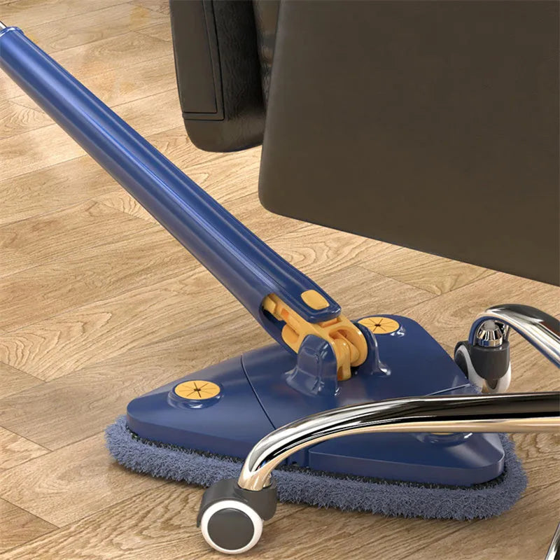 Blue triangle cleaning mop with extendable pole rotating to clean wall corners
