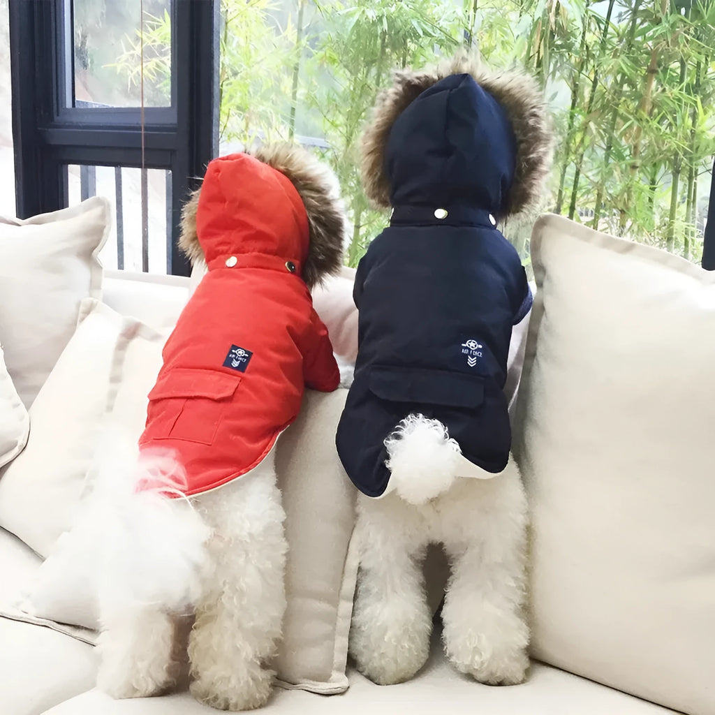 Hooded cotton dog coat in blue, red or beige, sizes S to XXL, general pet clothing