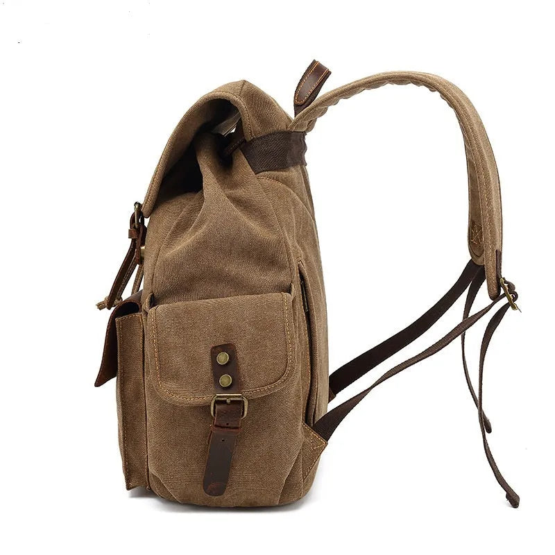 Retro wear resistant canvas backpack in military green with antique bronze hardware, showing front and side profiles.