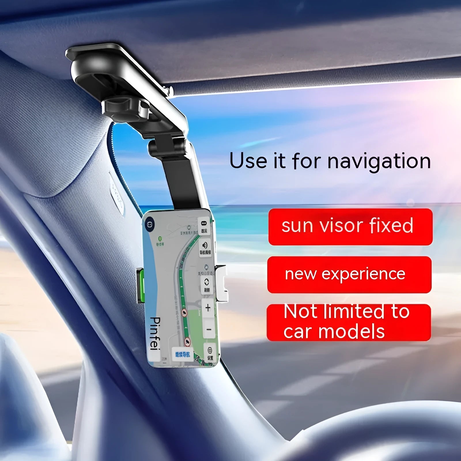 Grey single-clip car phone holder mounted on a car dashboard holding a mobile phone.