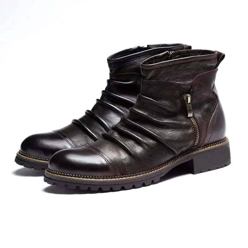 Black cowboy boots with side zip and embossed artificial PU leather upper, showing round toe and horseshoe heel