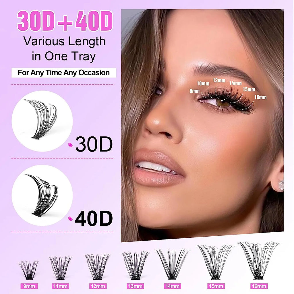 DIY cluster false eyelashes mixed package showing boxes of 30D and 40D high-grade fibre lashes in 9-16mm lengths with precision tweezers.
