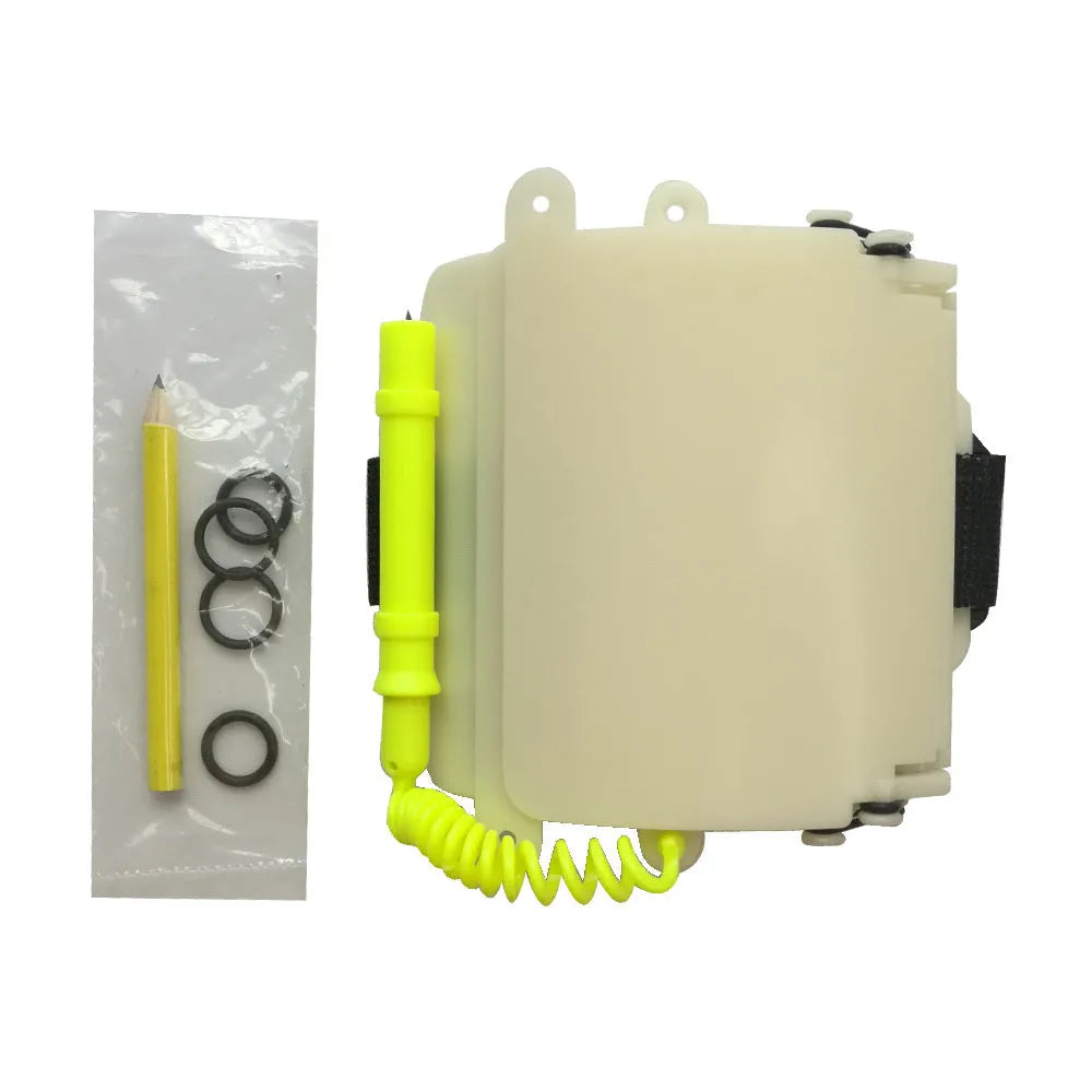 White luminous ABS diving wristboard with pencil and spare O-ring for underwater writing.